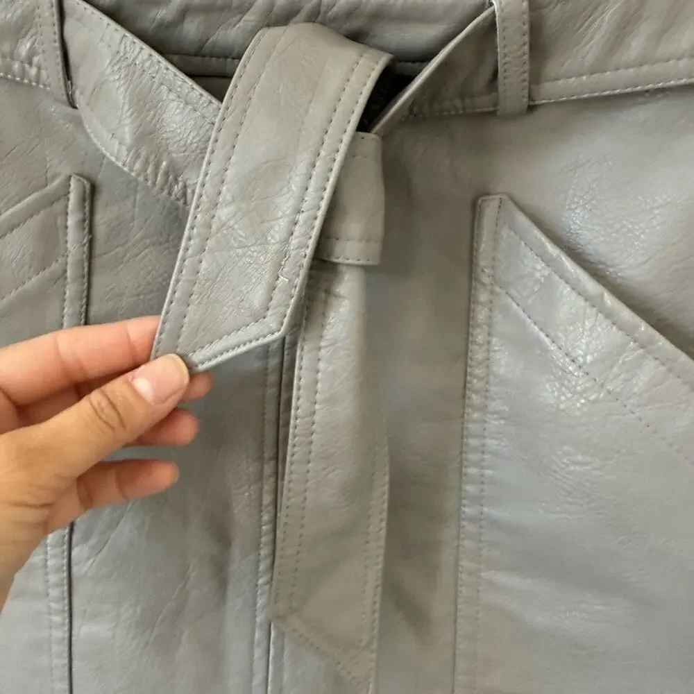 Wishlist Vegan Leather Mini Skirt Tie Waist Taupe Edgy Y2K Pockets Sz M
